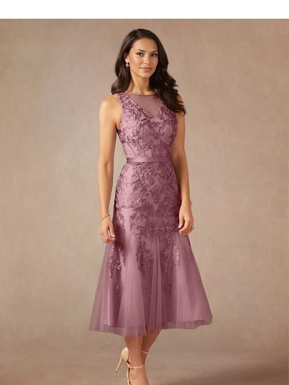 Sleeveless Mauve Lace Midi Dress with Mesh Inset